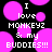 Pixelated text reads "I love MONKEYZ & my BUDDIES!!!" over black background with pink circles, static image.