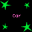 Green star-shaped icons with varying sizes and positions on a black background, accompanied by pink text reading "Car" in four locations.