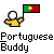 Pixelated yellow figure holding a green-and-red flag with a yellow cross, below text reading Portuguese Buddy on gray background.