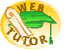 Pixelated oval icon with yellow border showing green graduation cap, white scroll, and brown text reading WEB TUTOR, with a second frame showing text Learn To Make Web Pages!