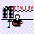 Animated contact sheet of a pixel art icon showing a stick figure at a desk with buildings and text, cycling through red star animations on the building.