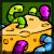 Pixelated static image of a yellow cheese block with holes, green worms, purple mushrooms, and blue crystals on top against a dark green background.