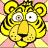 Pixelated yellow tiger head with black stripes, large white eyes with brown pupils, orange nose, and pink background with yellow radiating lines.