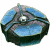 Pixelated circular icon with blue and dark gray sections, a central white dot on the left side, and green text reading "Original Icons .com" on a dark green background.