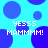 Pixelated blue background with scattered dark and light blue circles, white text repeating 'yesss mmmm!' in four quadrants.