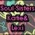 Pixelated text in pink with black outlines over a colorful abstract background, reading "Soul Sisters Katie & Lexi" and "GLITTER in their veins." Some girls were just born with glitter in their veins.