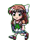 Pixel art character with brown hair and white bows in six poses showing walking, standing, and turning movements.