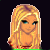 Pixelated cartoon character with blonde hair and blue eyes on a black background, accompanied by pink text above and dark green text below on a bright pink rectangle.