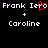 Pixelated text displays 'Frank Iero' and 'Caroline' with a red heart symbol replacing the 'o' in 'Iero', set against black background.