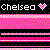 Pixelated image with 'Chelsea' text, pink heart symbol, and horizontal stripes in varying shades of pink on black background.
