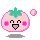 Pixelated pink tomato-shaped character with green stem, pink cheeks, and purple mouth, displayed in four variations with differing shadows and bubble positions.