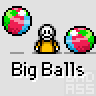 Animated contact sheet showing 19 frames of a pixel art buddy icon featuring a yellow stick figure and colorful balls, with text "Big Balls" beneath each frame.