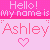 Pixelated text displays 'Hello! My name is Ashley' with two heart symbols on a pink gradient background.