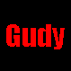 Red text 'Gudy' and 'kpny' in various orientations on a black background with one gray square.