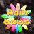 Rainbow-colored flower with yellow text 'Rain bows' over dark background, surrounded by pixelated hearts and rainbow arc.