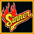 Pixelated static icon featuring the word "Sinner" in yellow with red flame-like accents on a black background, bordered by orange and yellow frames.