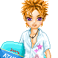 Pixelated character with spiky blonde hair, purple eyes, and a white shirt holding a blue-and-cyan object with red text.