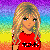 Pixelated cartoon character with long blonde hair wearing red shirt against rainbow gradient background, text reads "I'm a gymnast are you???"
