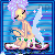 Animated fairy icon with purple hair and wings sitting on a shell, featuring subtle wing motion across frames against a blue striped background.