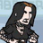Pixelated character with long dark hair and light skin, wearing a black top with white patterns against a blue gradient background.