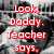 Black-and-white animation of a person in a cage with red text overlays reading "Look, Daddy. Teacher says," and "everytime a bell rings, an angel gets his wings.".