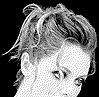 Four pixelated head portraits arranged in a , each showing a person with styled hair against a black background