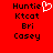 Red background with black text listing names and a white pixelated heart symbol next to 'Huntie' on the left side.