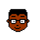 Pixel art avatar with brown skin, black hair, and glasses showing multiple expressions including neutral, surprised, confused, and smiling.