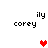 Pixelated text 'corey' and 'ily' above a heart symbol, with two distinct heart colors in different frames.