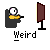Pixel art of a character with large white eyes and yellow clothing sitting at a desk, facing a monitor on gray background.
