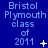 Blue background with repeated light blue text 'Bristol Plymouth class of 2011' and animated white symbols changing across frames.