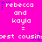 Pixelated text on bright pink background with blue star accents, displaying 'rebecca and kayla =' followed by 'best cousinest' repeated twice.