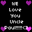 Pixelated text and heart symbols arranged in a on black background, with white text reading WE Love You Uncle Paul!!!!!<3 surrounded by purple and pink hearts