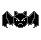 Pixelated black bat with gray outline, white eyes, and two distinct expressions: neutral mouth on left frame, open mouth showing red-and-white teeth on right frame.