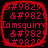 Red pixelated text and symbols arranged in a of four identical square on black background