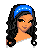 Pixel art of a woman with long black hair wearing a blue headband, white crop top, and white pants; two views show different arm positions.