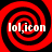 Four identical red and black spiral patterns arranged in a with white text 'lol,icon' overlaid on each spiral