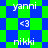 A static pixel art image with green and blue checkered background displaying white text 'yanni', 'nikki', '<3' in a pattern