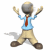 Animated sequence of a cartoon character in light blue shirt, red tie, beige pants, and brown shoes performing repeated arm movements with changing head orientation.