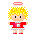 Pixel art contact sheet of an animated character with yellow hair, red shirt, and white skirt across 8 frames showing subtle pose changes.