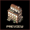 Pixel art building with brown roof, white walls, and green vines on black background; text "PREVIEW" below.