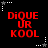 Red text reading "DiQUE UR KOOL" on black background with white and gray star-shaped corner markers.
