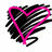 Pixelated heart with pink outline and black scribble background on white, paired with red containing text fragments