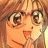 Anime-style character with light brown hair and large eyes, smiling with tongue out, next to black background with white text.