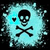 Pixelated skull and crossbones symbol with black outlines on a light blue, pixelated background that fades to dark edges.