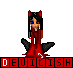 Pixel art character in red dress with black wings and cat ears, standing against gray background with repeating text banner below.