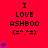 Red background displays repeated text "I LOVE ASHBOO (=^.^=)" with blue heart animations in a