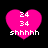Four identical pink heart-shaped icons with white pixelated text '24', '34', and 'shhhhh' on a black background, displayed in a