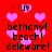 Red background with pink hearts and repeated text 'i luv... bethany! beach! deleware!' in black pixelated font.
