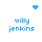 Blue pixelated text 'willy jenkins' appears in four quadrants with a blue heart and blue dot cluster animation above and below.